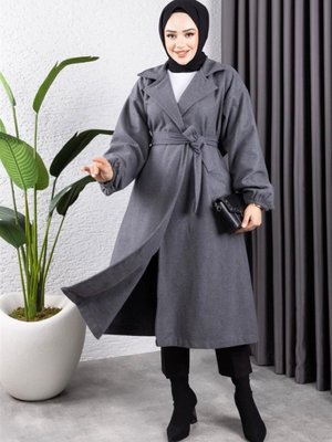 Gri Kruvaze Yakalı Kaşe Kaban