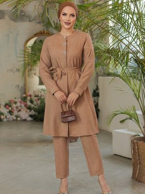 Vizon Taş İşlemeli Boydan Düğmeli Kuşaklı Keten Uzun Tunik