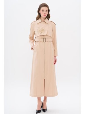 Bej Pelerini Baskı Ve Taş Detaylı Apoletli Spor Pardesü