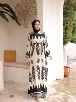 Beyaz Ankanoor Yaprak Desenli Viskon Elbise Beyaz Ankanoor Yaprak Desenli Viskon Elbise