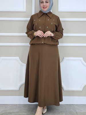Kahverengi Taş Detaylı Gömlek Etek İkili Takım