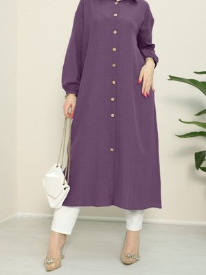 Mürdüm Kolu Lastikli Boydan Düğmeli Uzun Krinkıl Tunik