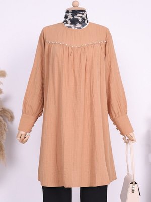 Vizon Robası İncili Taşlı Kolu Düğmeli Salaş Tunik