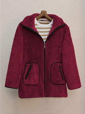Bordo Çift Cepli Fermuarlı Astarlı Peluş Mont