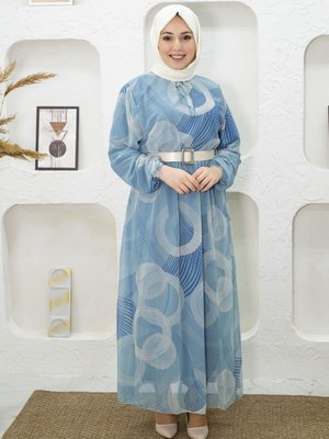 Mavi Desenli Kemerli Elbise