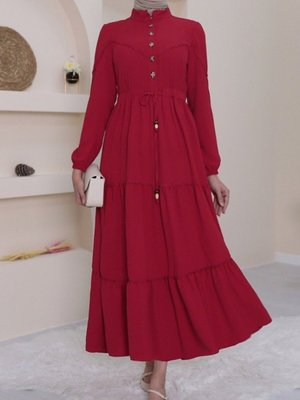 Kırmızı Yarım Düğmeli Parçalı Bağcıklı Elbise