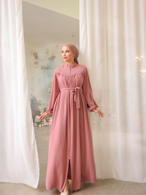 Pembe Ankanoor Pudra Robalı Boncuklu Ferace