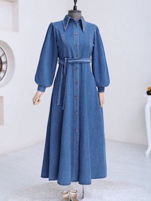 Mavi Taş İşlemeli Boydan Düğmeli Kuşaklı Kot Elbise