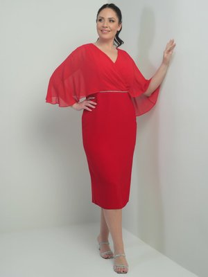 Kırmızı V Yaka Üstü Şifon Drapeli Astarlı Beli Taşlı Büyük Beden Krep Midi Elbise