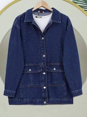 İndigo Serpme Taş Detaylı Kapaklı Cepli Kot Ceket İndigo Serpme Taş Detaylı Kapaklı Cepli Kot Ceket