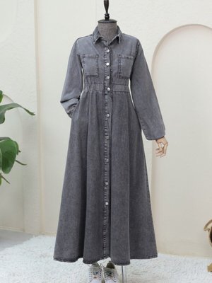 Füme Beli Lastikli Yan Cepli Kot Elbise