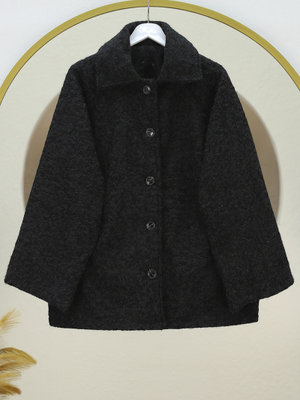 Siyah Çift Cepli Önü Düğmeli Astarlı Buklet Kaban