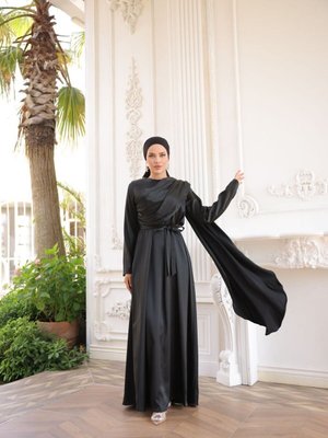 Siyah Zara Saten Abiye Elbise