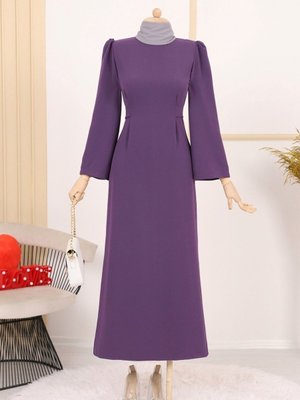 Mor Hakim Yaka Belden Bağlamalı Elbise