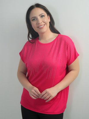 Fuşya Önü Şelale Taş Baskılı Bisiklet Yaka B.b. Bluz