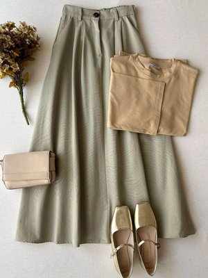 Bej Keten Tek Düğmeli Etek & Body Takım Küf Yeşili