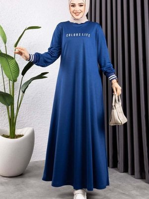 İndigo Ribanalı Baskılı Elbise