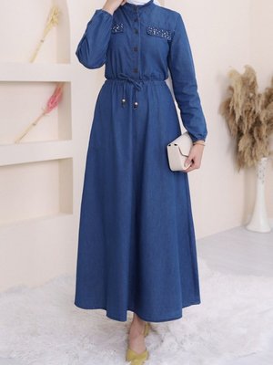İndigo İnci Detaylı Tünel Bağcıklı Uzun Kot Elbise