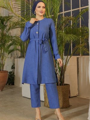 İndigo Taş İşlemeli Boydan Düğmeli Kuşaklı Keten Uzun Tunik
