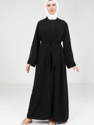 Siyah Serpme Taş Detaylı Abaya Takım Siyah Serpme Taş Detaylı Abaya Takım