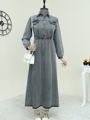 Füme Yarım Düğmeli Beli Lastikli Kot Elbise