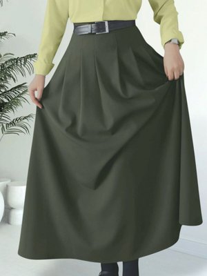 Haki Uzun Piliseli Cepli Kloş Etek