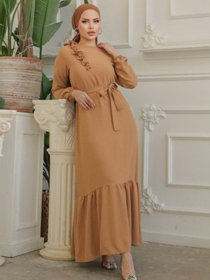 Taba Fırfır Taş Detaylı Parça Eteklii Kemerli Ayrobin Elbise