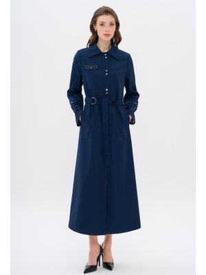 İndigo Cebi Taş Detaylı Desenli Astarlı Spor Pardesü