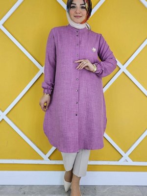 Gül Kurusu Broş Detaylı Manşet Lastikli Ve Büzgülü Gömlek Gül Kurusu Broş Detaylı Manşet Lastikli Ve Büzgülü Gömlek