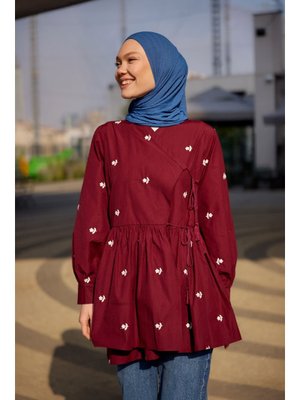Bordo Nakış İşlemeli Yandan Bağlamalı Tunik