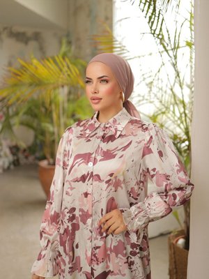 Pembe Yaka Boy Düğmeli Saten Gömlek Elbise Pembe Yaka Boy Düğmeli Saten Gömlek Elbise