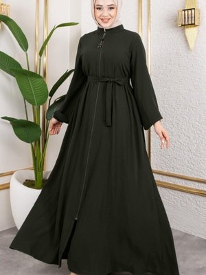 Haki Boydan Fermuarlı Kolu Lastikli Beli Kemerli Ferace