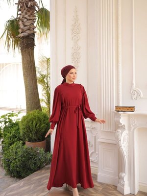 Bordo Ankanoor Yandan Kaplama Düğmeli Abiye Elbise Bordo Ankanoor Yandan Kaplama Düğmeli Abiye Elbise