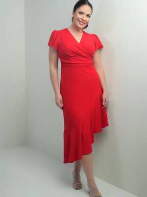 Kırmızı Kruvaze Yaka Önü Drapeli Astarlı Eteği Volanlı Büyük Beden Krep Elbise