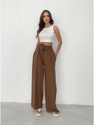 Kahverengi Boncuklu Oversize Keten Pantolon