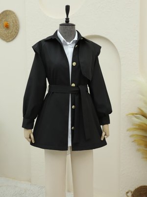 Siyah Broş Çift Düğmeli Kemerli Trençkot