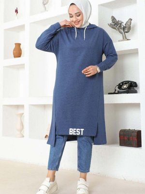 İndigo Kapüşonlu Spor Tunik
