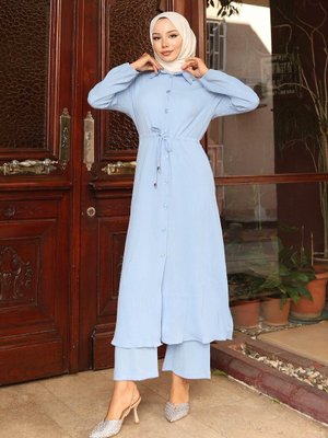 Bebe Mavisi Yırtmaç Detaylı Uzun İkili Takım