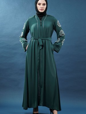 Haki İnci Detaylı Fermuarlı Kuşaklı Abaya