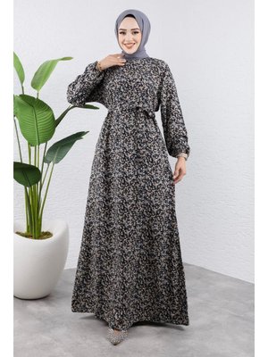 Siyah Renkli Çiçekli Viskon Elbise