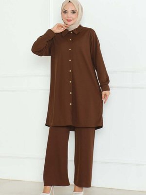 Kahverengi Büyük Beden Gömlekli İkili Takım Kahverengi Büyük Beden Gömlekli İkili Takım