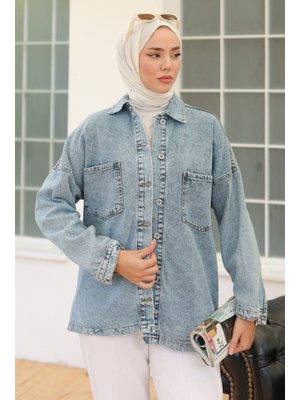 Acık Mavı Oversize Cep Detay Kot Gömlek Ceket Acik Mavi
