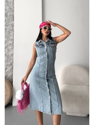 Kot Uzun Düğmeli Tunik Çift Cepli Yelek Buz Mavi