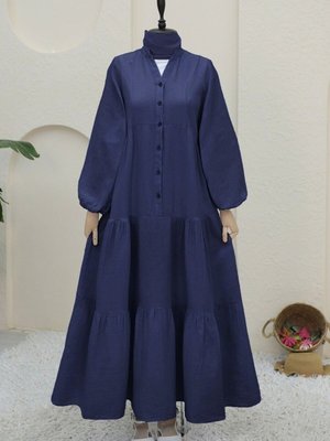 Lacivert Yarım Düğmeli Parçalı Müslin Elbise Lacivert Yarım Düğmeli Parçalı Müslin Elbise