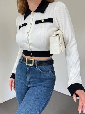 Beyaz Düğmeli Cep Detaylı Crop Hırka Beyaz Düğmeli Cep Detaylı Crop Hırka