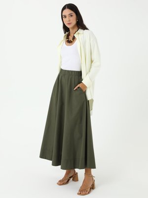 Haki Beli Lastikli Pamuklu Basic Poplin Etek Haki Beli Lastikli Pamuklu Basic Poplin Etek