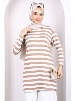 Bisküvi Çizgili Uzun Kol Tunik Bisküvi Çizgili Uzun Kol Tunik