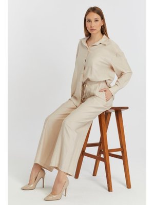 Bej Bol Paça Dokuma Pantolon