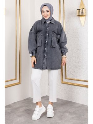 Antrasit Körüklü Cepli Oversize Kot Ceket