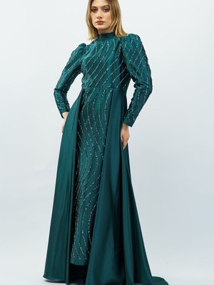 Zümrüt Yeşili Taş Detaylı Saten Abiye Elbise Zümrüt Yeşili Taş Detaylı Saten Abiye Elbise